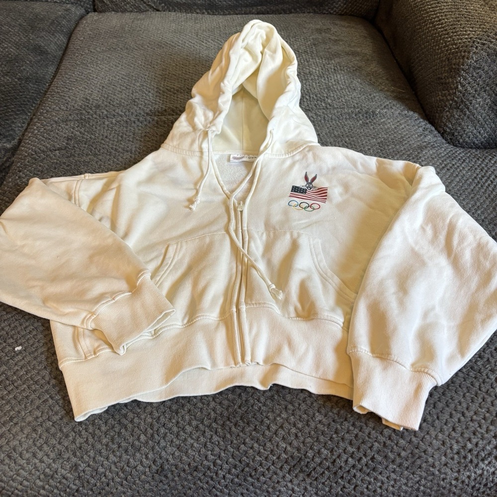 Looney Tunes x Team USA Women's M Olympics Hoodie Zip Up Jacket‎ Embr Beige Crop